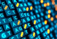 Futuristic 3d cubes background with DNA sequencing ACGT and double helix. Nucleic acid sequence. Genetic research. 3d illustration.