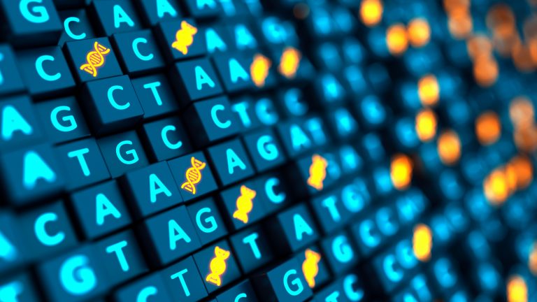 Futuristic 3d cubes background with DNA sequencing ACGT and double helix. Nucleic acid sequence. Genetic research. 3d illustration.