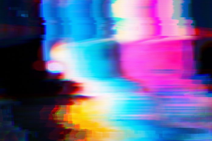 Abstract blue, mint and pink background with interlaced digital Distorted Motion glitch effect. Futuristic cyberpunk design. Retro futurism, webpunk, rave 80s 90s aesthetic techno neon colors, psychedelic colours