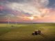 Tractor spraying pesticides on soy field with sprayer at spring