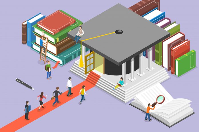3D Isometric Flat Vector Conceptual Illustration of Higher Education, College Education Study Process