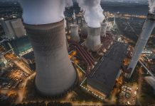 Aerial View of a Coal Fired Power Station at Night