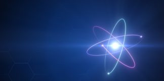 Unstable Atom nucleus with electrons spinning around it technology background