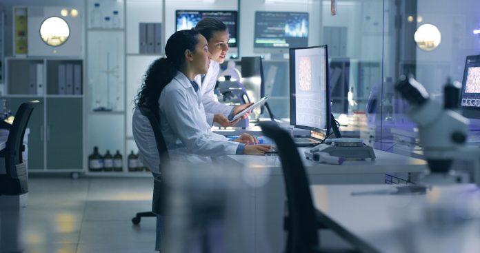 Medical researchers looking at and examining a brain scan on a computer while working late in an office together. Lab workers analyzing and talking about results from a checkup while working overtime