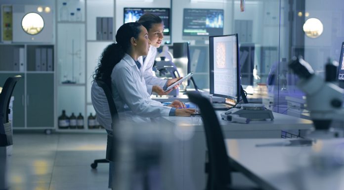 Medical researchers looking at and examining a brain scan on a computer while working late in an office together. Lab workers analyzing and talking about results from a checkup while working overtime