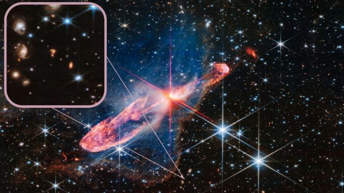 NASA's James Webb Space Telescope has captured a tightly bound pair of actively forming stars, known as Herbig-Haro 46/47, in high-resolution near-infrared light. (Image credit: NASA, ESA, CSA. Image Processing: Joseph DePasquale (STScI)/post-processing inset image Daisy Dobrijevic)
