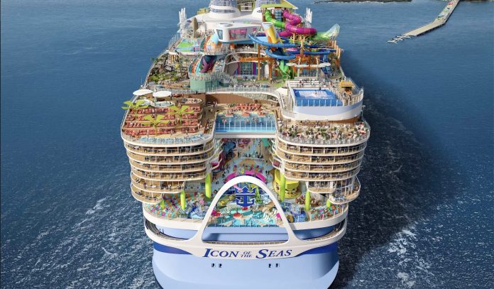 A rendering of Royal Caribbean's gigantic new cruise ship, the Icon of the Seas. Royal Caribbean International