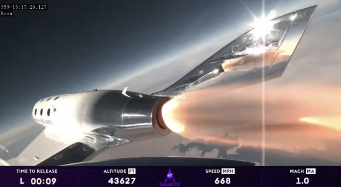 A still image taken from a video from Virgin Galactic shows the launch of Virgin Galactic’s private astronaut mission Galactic 02 on 10 August. Photograph: Virgin Galactic/AFP/Getty Images