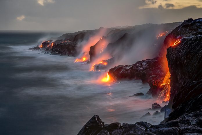 Lava Falls Over Cliff, Big Island, Hawaii