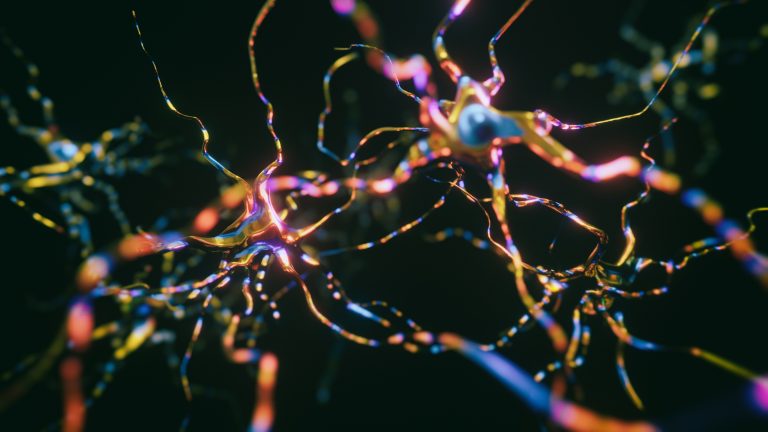 Neurons Cells System - 3d rendered image of Interconnected Neurons with electrical pulses. Conceptual medical animation. Healthcare concept. SEM [TEM] hologram view. Glowing neurons signals.