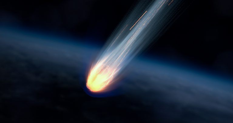 Fast Blazing Asteroid Meteor over Earth atmosphere, Realistic vision