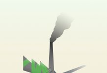 Greenwashing vector illustration, businessman paints industrial plant sign in green color with the use of roller, metaphor of imitation of green production policy by corporations