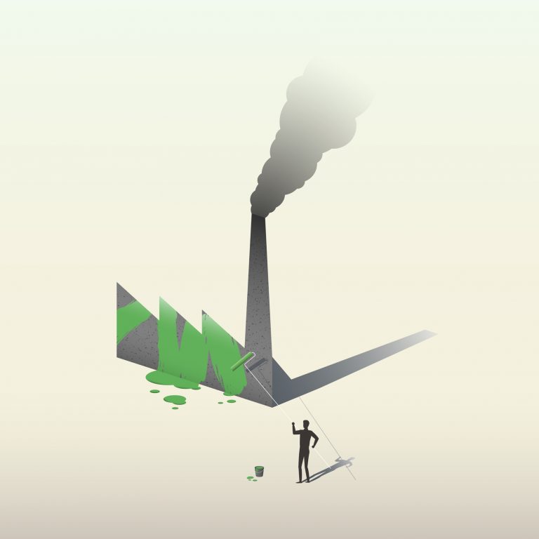 Greenwashing vector illustration, businessman paints industrial plant sign in green color with the use of roller, metaphor of imitation of green production policy by corporations