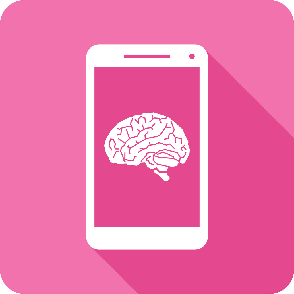 Vector illustration of a smartphone with brain icon against a pink background in flat style.