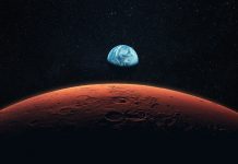 Mars, the red planet with detailed surface features and craters in deep space. Blue Earth planet in outer space. mars and earth, concept