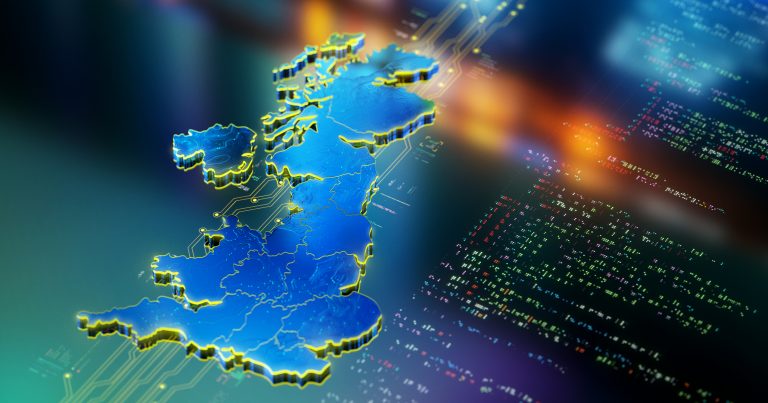 Modern map of UK representing leadership in technologies and fintech sector