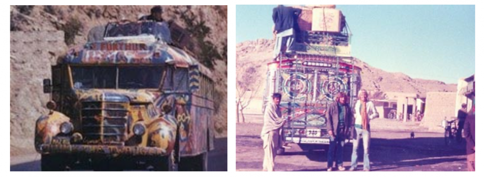Left: Ken Kesey’s bus, Furthur, in America; Right: travelling on the hippie trail in Asia