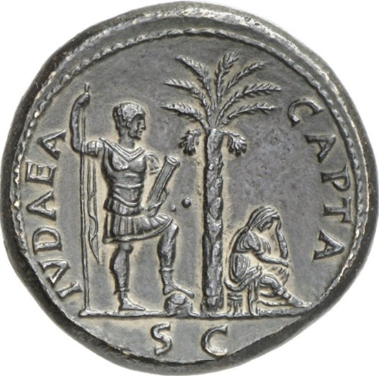 Fig. 1: Roman coin, celebrating the capture of Judaea and the destruction of the Second Jewish Temple in 70 AD. The reverse shows a mourning woman (figuring the defeated Roman province) and a dominant male person (figuring the Romans).