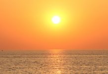 beautiful sunset with orange sky in zeeland in summer, coastal sunset, illustrating a marine heatwave
