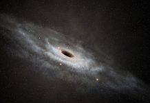 Supermassive balck hole at galaxy center, stars and nebula in deep space.