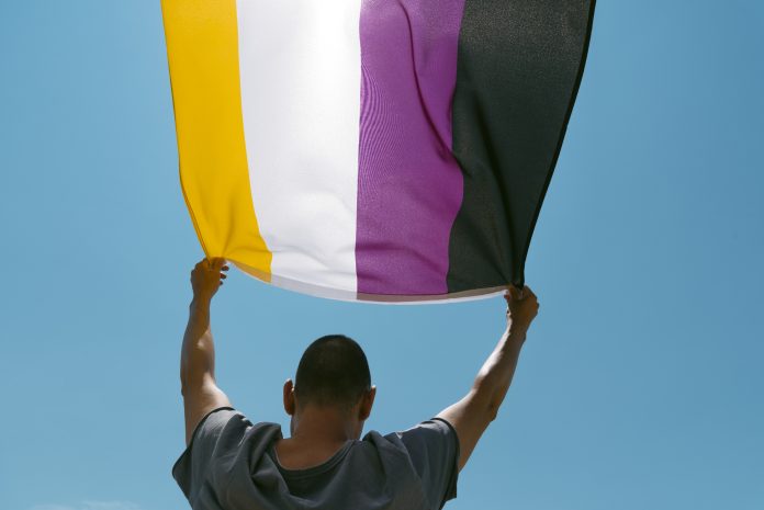 closeup of a young caucasian person, seen from behind and below, waving a non-binary pride flag on the sky
