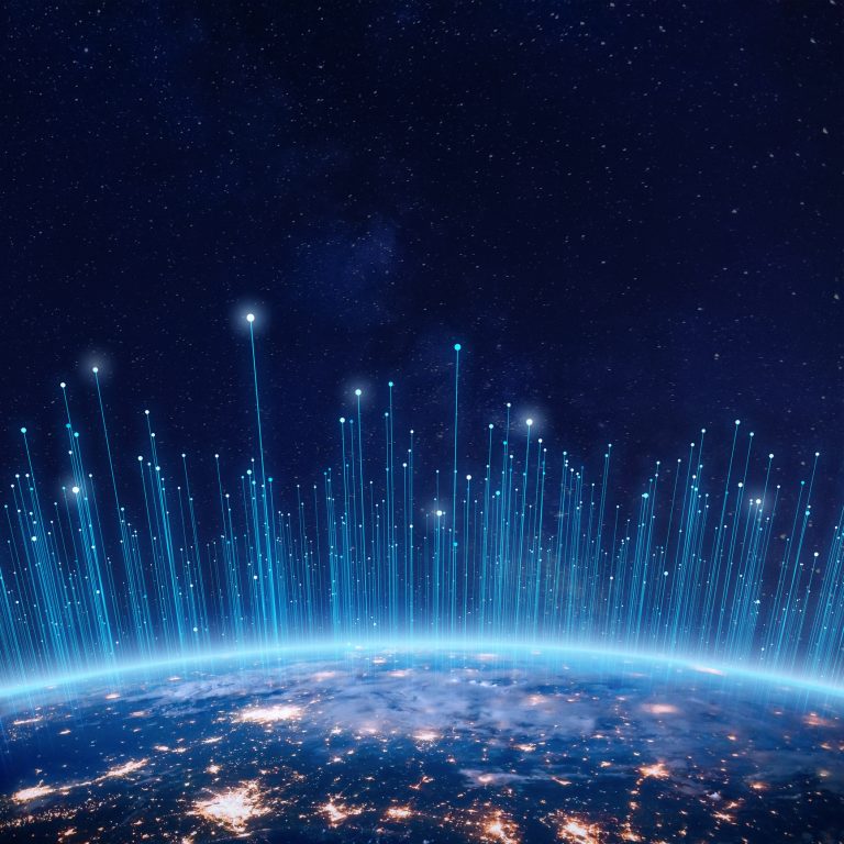 Communication technology with connections around Earth viewed from space. Internet, IoT, cyberspace, global business, innovation, big data science, digital finance, blockchain. Elements from NASA