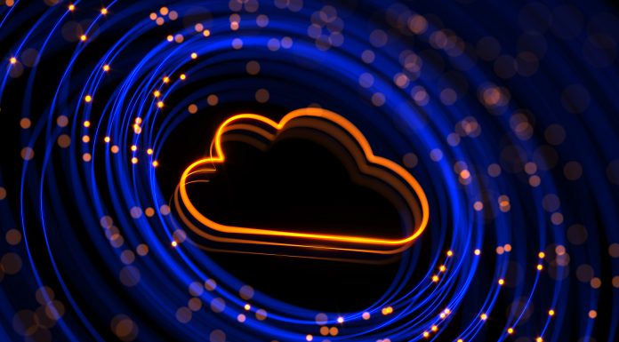 Digital screen with cloud computing and abstract glowing circular background. Security and protection data cloud. Big data safe. Database storage, 3d render.