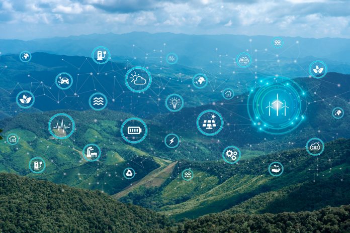 Environmental technology concept and what affects the environment change, The use of renewable energy from nature and technology related to conservation of nature, beautiful mountain view in backgroun