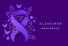Alzheimer's and brain awareness month design template. World Alzheimer's Day vector illustration. Ribbon, flower, butterfly