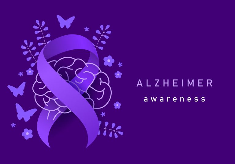 Alzheimer's and brain awareness month design template. World Alzheimer's Day vector illustration. Ribbon, flower, butterfly