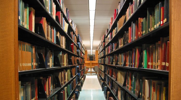 A view of the stacks in the main library at Connecticut College. With a line of lights parrel to the stacks, humanities and the arts at university