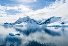 Antarctic Landscape with Icebergs and Mountains