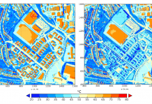 Average Land Surface Temperature between 5:00 and 6:00 pm for two adaptation scenarios (left; roofs without greening up to 75 °C; right;: green roofs up to 45°C), study conducted by A. Reinbold, climate service centre (GERICS)