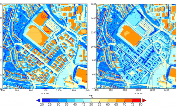 Average Land Surface Temperature between 5:00 and 6:00 pm for two adaptation scenarios (left; roofs without greening up to 75 °C; right;: green roofs up to 45°C), study conducted by A. Reinbold, climate service centre (GERICS)