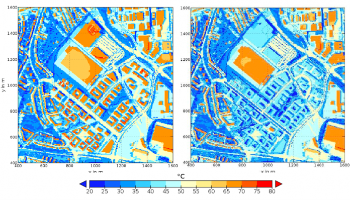 Average Land Surface Temperature between 5:00 and 6:00 pm for two adaptation scenarios (left; roofs without greening up to 75 °C; right;: green roofs up to 45°C), study conducted by A. Reinbold, climate service centre (GERICS)