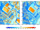 Average Land Surface Temperature between 5:00 and 6:00 pm for two adaptation scenarios (left; roofs without greening up to 75 °C; right;: green roofs up to 45°C), study conducted by A. Reinbold, climate service centre (GERICS)