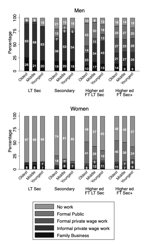 Figure 1: Distribution of first labor market status by education and socioeconomic taxonomy, cohort, and sex, Egypt Source: Author’s calculation using Egypt Labor Market Panel Survey 2012 data.