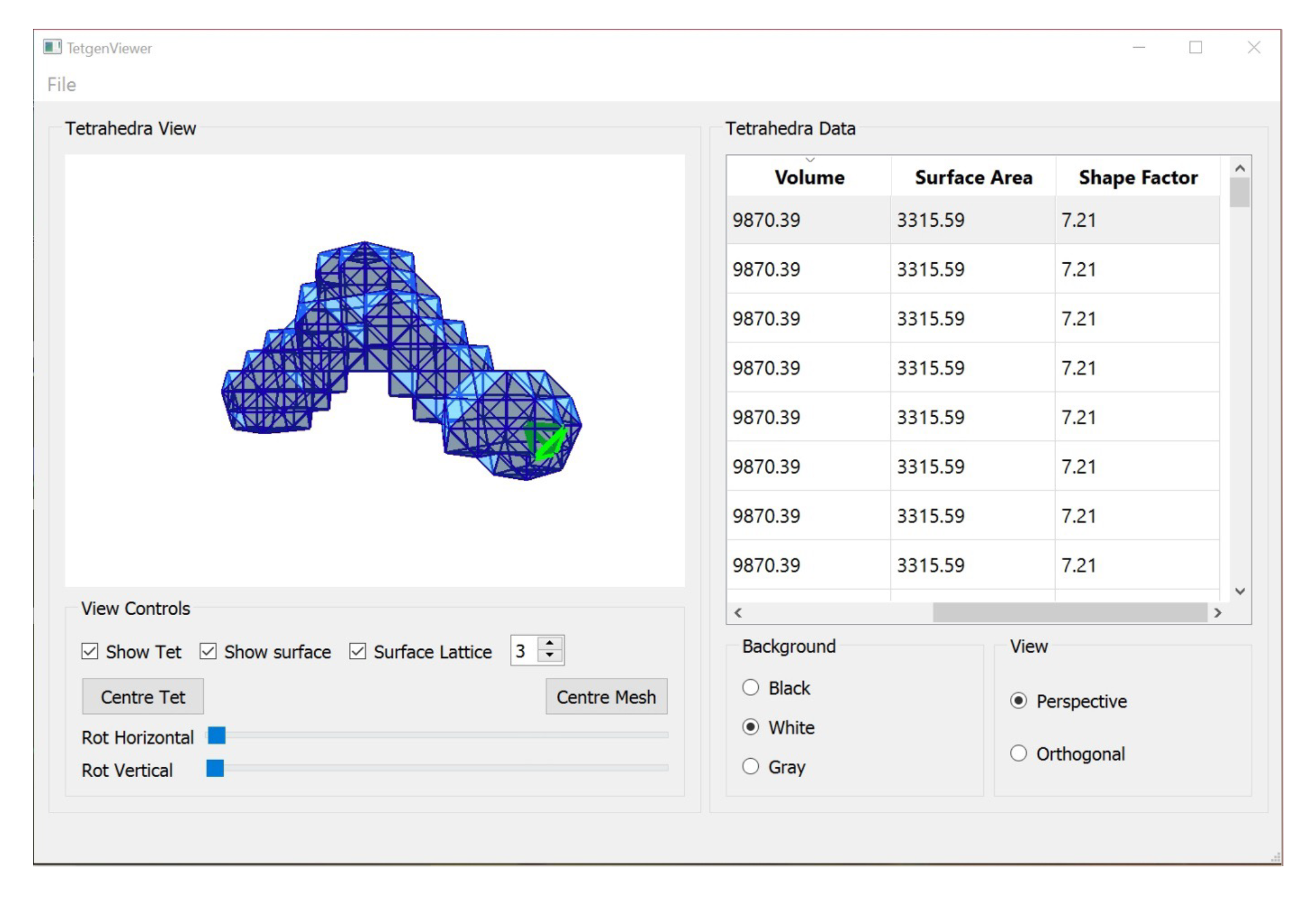 Fig 2: The new FFEA meshing software showing the visualisation scene on the left displaying a tetrahedral mesh of a myosin molecule with a small element highlighted in green