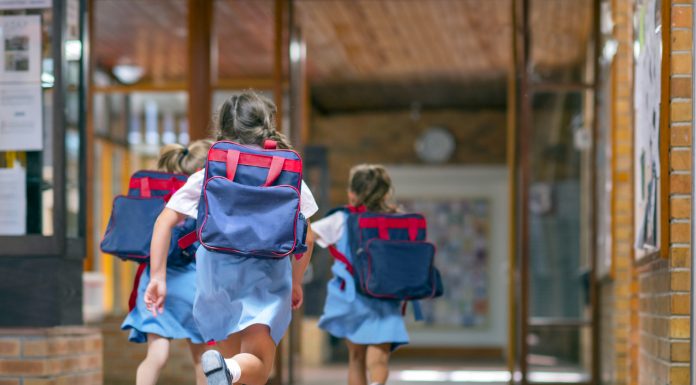 Rear view of excited students running towards entrance. Girls are carrying backpacks while leaving from school. Happy friends are wearing school uniforms, childhood education