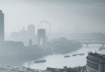 rooftop view over London on a foggy day from St Paul's cathedral, UK