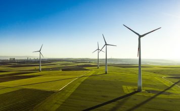 Aerial View of Wind Turbines and Agriculture Field in the Early Morning at Sunrise.