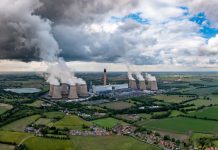 Aerial landscape view of Drax Power Station in Yorkshire