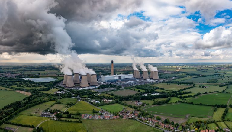 Aerial landscape view of Drax Power Station in Yorkshire