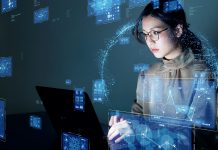 AI skills, Young asian woman watching hologram screens. Business technology.