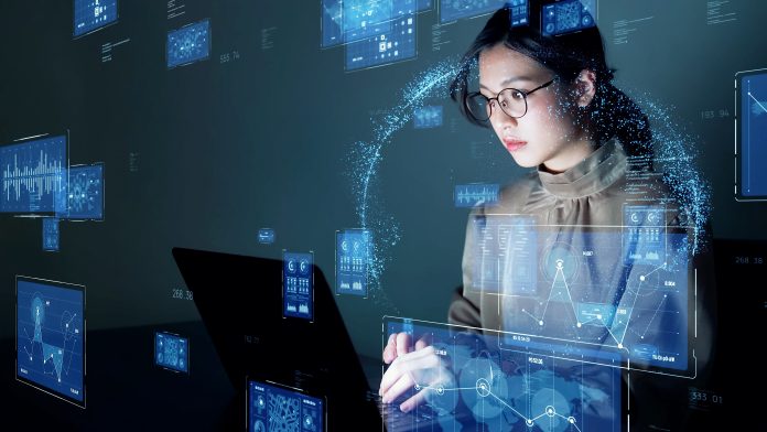 AI skills, Young asian woman watching hologram screens. Business technology.