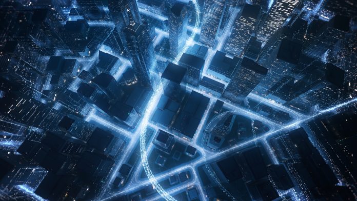 Cityscape With Glowing Data Lines - Big Data, Internet Of Things, Digital Business