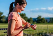 Young Woman Checking Pulse On Her Smartwatch After Exercising, wearable technology