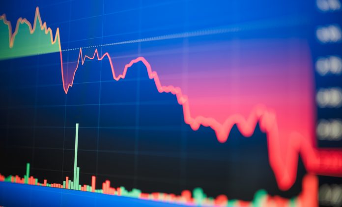 Economic 2024 stock exchange market index showing stock chart down and in red negative territory. TradingView