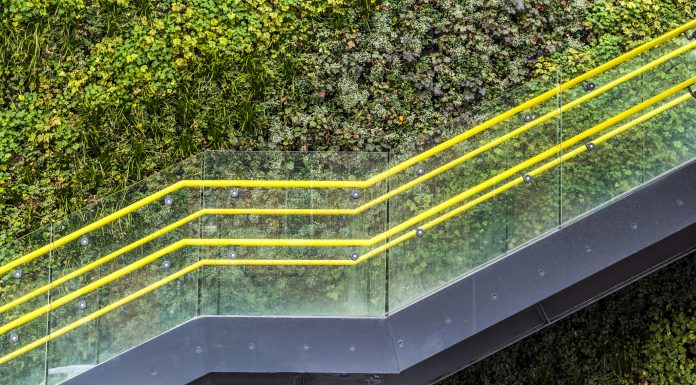 Viw of a modern staircase in Manchester with a living plant background, sustainable society