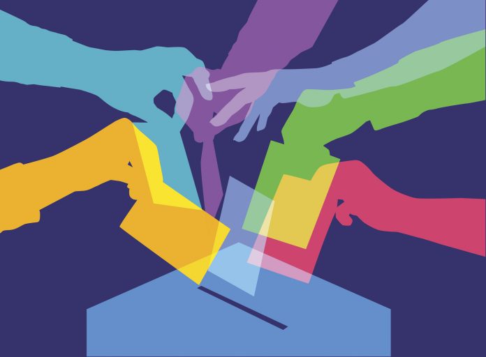 Colourful overlapping silhouettes of people voting. EPS10 file, best in RGB, CS5 versions in zip, elections